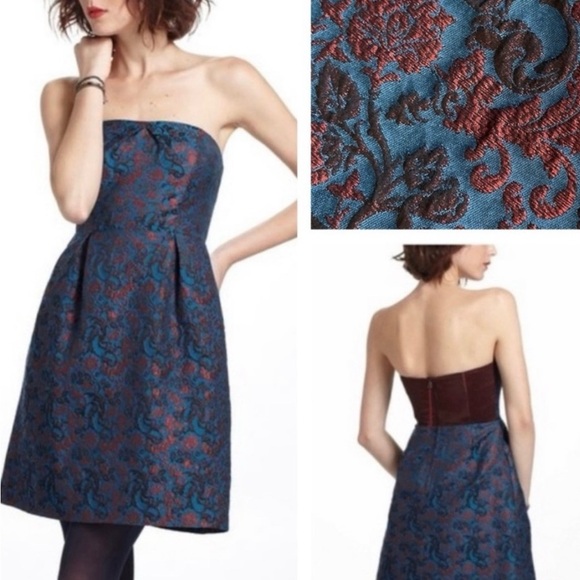 Anthropologie Leifnotes Metallic Brocade Strapless Mini Dress Size 14 - Picture 3 of 13